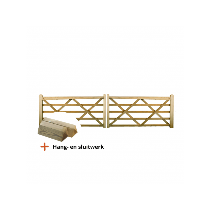 Complete dubbele Engelse poort 2 x 3 m (6 m) - Tanalith-E - inclusief poortpalen + hang- en sluitwerk - weidepoort