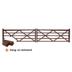 Complete dubbele Engelse poort 2 x 3 m (6 m) - Hardhout - inclusief poortpalen + hang- en sluitwerk - weidepoort