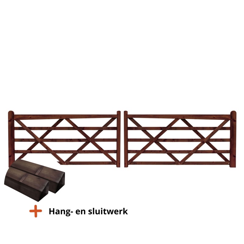 Complete dubbele Engelse poort 2 x 2,4 m (4,8 m) - Tanatone - inclusief poortpalen + hang- en sluitwerk - weidepoort